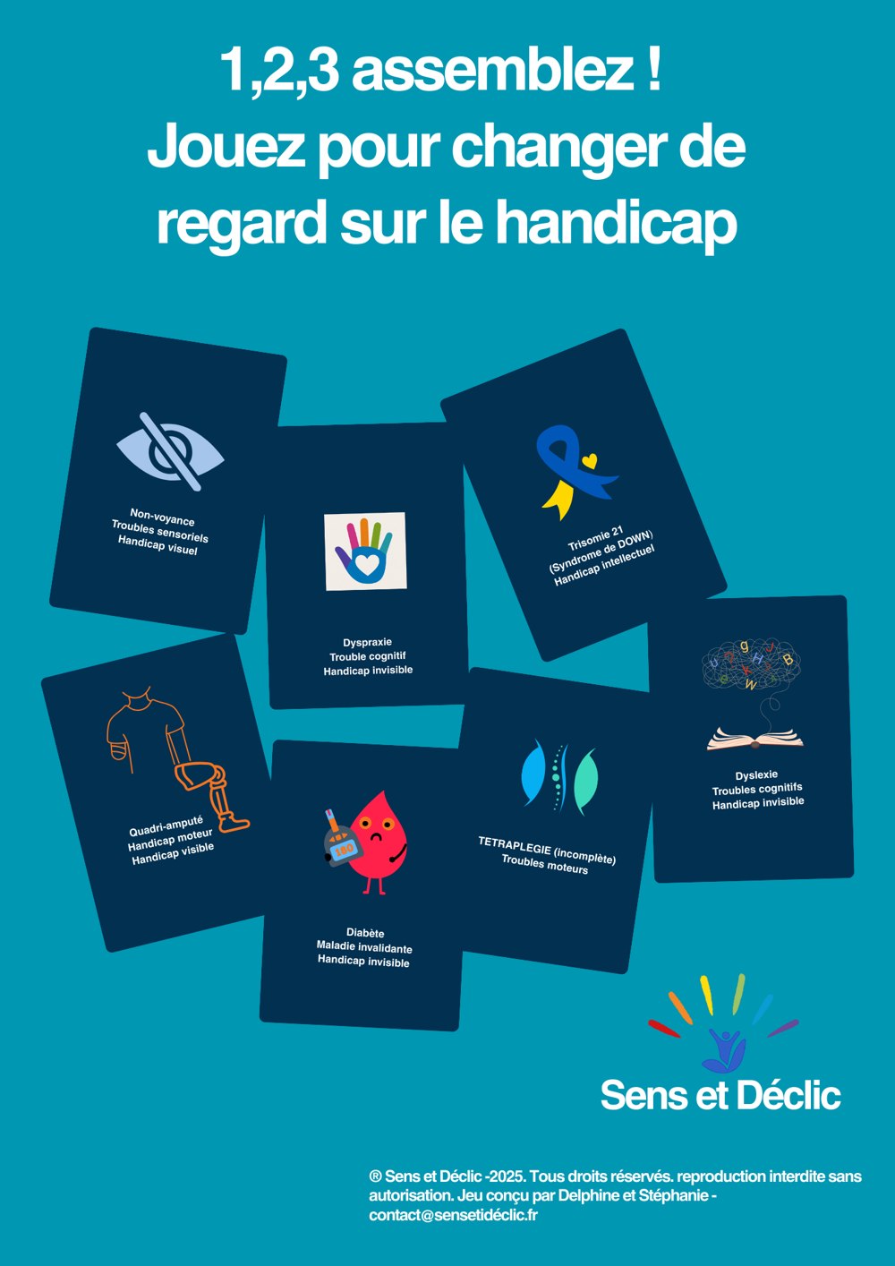 Affiche du jeu Handi'Sens : 1, 2, 3 assemblez ! Jouez pour changer de regard sur le handicap. Cartes illustrées représentant différents types de handicap visibles et invisibles.